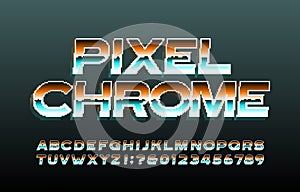 Pixel Chrome alphabet font. 3d pixel letters, numbers and symbols.