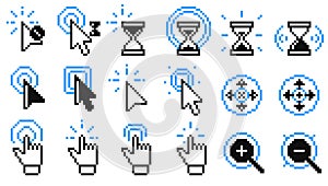 Pixel click icons. Vector arrow clicks icon mouse pointer hand touch finger tap target cursor flat style, web computer mouse