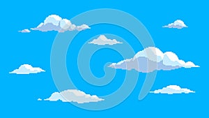 Pixel cloud set. Flying clouds on blue sky. 8-bit sky, retro style cloudy scene. 16 bit video game elements vector