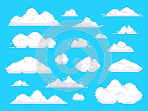 Pixel clouds. Retro 8 bit blue sky aerial cloud pixel art background vector illustration photo