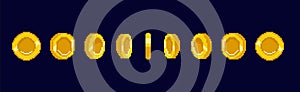 Pixel coins. Arcade 8 bit retro animation game with gold money, bitcoin videogame effect, 16bit pixel art bar. Different photo