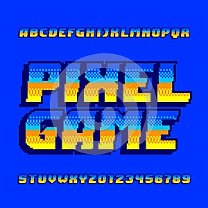 Pixel computer game alphabet font. Digital gradient letters and numbers.