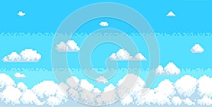 Pixel cumulus clouds in blue sky. Retro video game background, 8 bit heaven landscape, white fluffy cloudlets, arcade cloudscape