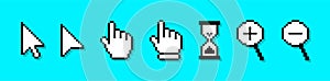 Pixel cursor or computer mouse pointer icons set. Pixel art cursors - arrows, hand click pointers, magnifier and hourglass.