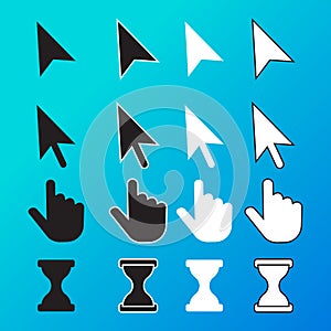 Pixel cursor pointer, hand, arrow, hourglass, click, press vector icons. Cursor symbol, hand arrow cursor icon