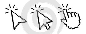 Pixel cursor pointer icons set. Computer mouse click arrow and hand. Pixel hand arrow logo vector isolated