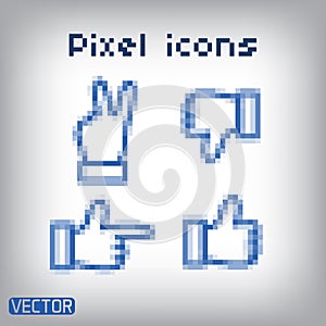 Pixel cursors blue icons set - hand and arrow