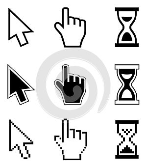 Pixel cursors icons-arrow, hourglass, hand mouse.