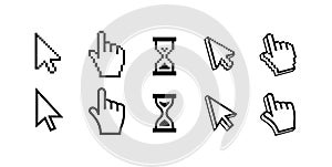 Pixel cursors icons hand arrow hourglass vector image