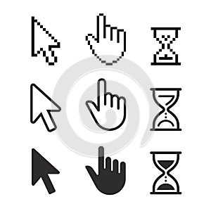 Pixel cursors icons: mouse hand arrow hourglass.