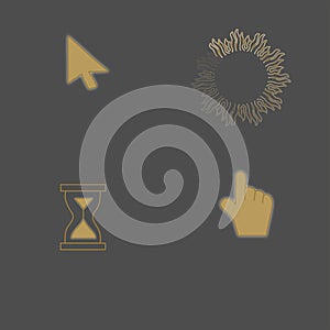 Pixel cursors icons: mouse hand arrow hourglass. Illustration golden