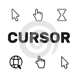 Pixel cursors icons mouse hand arrow. Mouse computer cursor. Han