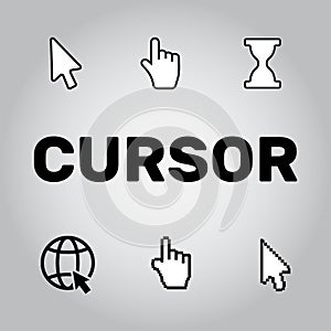 Pixel cursors icons mouse hand arrow. Mouse computer cursor. Han