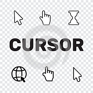 Pixel cursors icons mouse hand arrow. Mouse computer cursor. Han