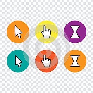 Pixel cursors icons mouse hand arrow. Mouse computer cursor. Han