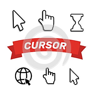 Pixel cursors icons mouse hand arrow. Mouse computer cursor. Han