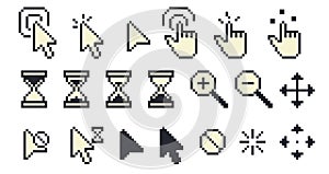 Pixel cursors. Retro vintage pointer cursor arrow hand finger icons, 8 bit computer game mouse pointer and finger tap touch click