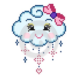 Pixel a cute cartoon face cloud with colorful rain drops. Vector Illustration of pixel art