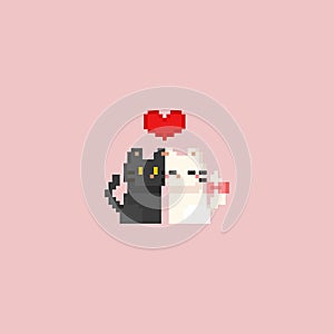 Pixel cute white and grey cat with red heart.Valentine`s day.8bit.