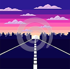 Pixel design, vintage retro, 8-bit game sunset road graphic background. Vector eps 10.