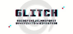 Pixel digital glitch alphabet distorted screen error effect, latin letters and numbers in style of 80`s video game, vaporwave and