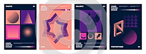 Pixel dither posters. Abstract minimalistic shapes with glitch and noise effects. Vector 90s retro bitmap cover design