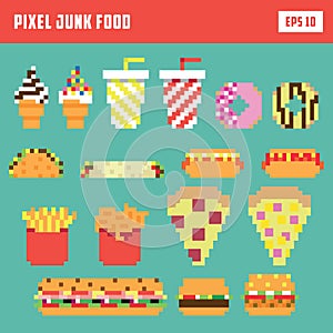 Pixel fast food set, isolated vector icon set
