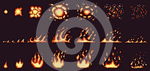 Pixel fire animation. Red hot flame, burning effect fire border and fiery explosion vector illustration set. Pixelated 8