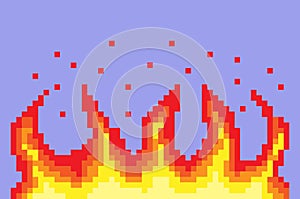 Pixel fire. Art 8 bit fire objects. Game icons set. Comic boom flame effects. Bang burst explode flash dynamite with