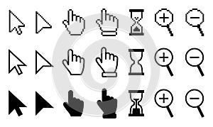 Pixel and flat cursor or computer mouse pointer icons set. Different mouse cursors