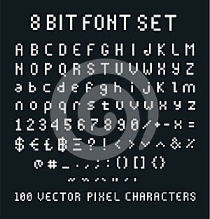 Pixel font in 80s vintage screen style - vector collection - Uppercase, lowercase, numbers and signs