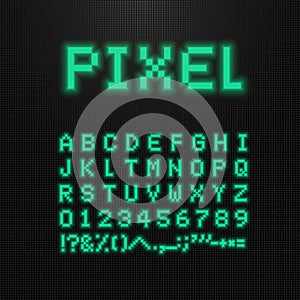 Pixel font, vector letters, numbers and signs on old computer led display. 8 bit video game typeface. Retro digital abc