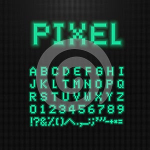 Pixel font, vector letters, numbers and signs on old computer led display. 8 bit video game typeface. Retro digital abc photo