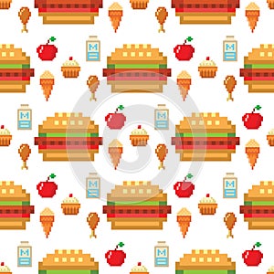 Pixel art food computer design seamless pattern background vector illustration restaurant pixelated element fast food