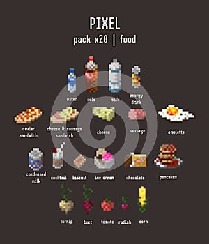 Isolated pixel food icons. Vector multi colored illustration of drinks, snacks and meals on dark background. Original graphics set