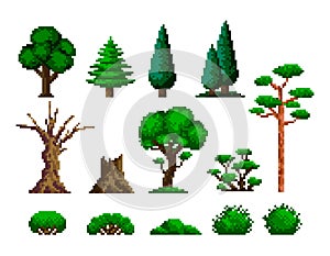 Pixel forest set. Trees bushes and grass sprite asset, retro 8 bit video game UI elements. Illustration of game trunk