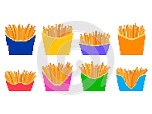 Pixel French fries icon set isolated on white background. Fast food, fried potatoes in pixel art style. Design of banners, posters