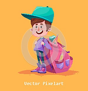 Pixel Funny Boy. on yellow background. Vector illustration.