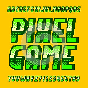 Pixel Game alphabet font. Digital gradient letters and numbers in green color.