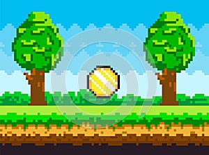 Pixel-game background with coins flying in sky. Pixel art game scene with green grass and tall trees