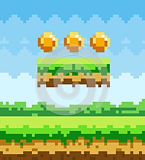 Pixel-game background with coins in the sky. Pixel art game scene with award on green grass platform