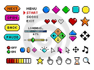 Pixel game button. 8-bit art collection for games, ui interface graphic. Gaming elements, video app for play symbols