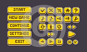 Pixel game button collection with 8 bit icon