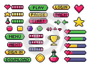 Pixel game buttons. Games UI, gaming controller arrows and 8 bit pixels button vector set