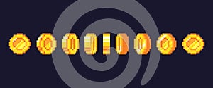 Pixel game coins animation. Golden pixelated coin animated frames, retro 16 bit pixels gold and video games money vector