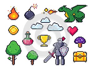 Pixel game elements. Pixelated warrior and 8 bit pixels dragon. Retro games clouds, trees and icons vector set