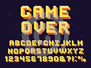 Pixel game font. Retro games text, 90s gaming alphabet and 8 bit computer graphic letters vector set