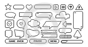 Pixel game frame. Pixelart bubble speech, text chat cloud, icon game shape, geek digital quote, gamer communication