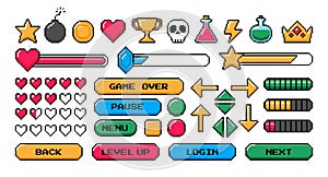 Pixel game icon. Retro video games element, arcade UI button, digital console 8-bit interface, pixels heart, bomb, star