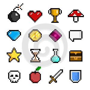 Pixel game icon set, computer and web interface